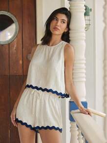 WESTFADE Rayon Linen Blend Western Two Tone Ric Rac Wavy Trim Round Neck Loose Fit Tank Top & High Rise Drawstring Waist Relaxed Fit Shorts Women Two Pieces Matching Sets Summer Boho Cowgirl Casual Cute Elegant Vacation Nashville Country Concert Outfit - Apricot - View 1