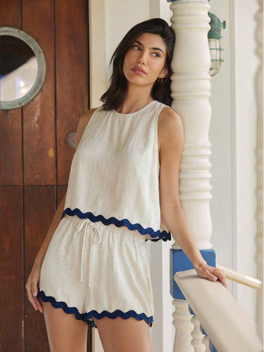 WESTFADE Rayon Linen Blend Western Two Tone Ric Rac Wavy Trim Round Neck Loose Fit Tank Top & High Rise Drawstring Waist Relaxed Fit Shorts Women Two Pieces Matching Sets Summer Boho Cowgirl Casual Cute Elegant Vacation Nashville Country Concert Outfit - Apricot - View 1