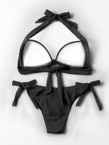 Vaytide Summer Beach Halter Tie Side Bikini Set - Black - View 5