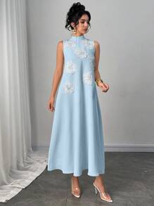 Modelyn 女士时尚优雅奢华厚重 3D 花卉图案宽松长款 A 字连衣裙，淡黄色 - 藍色 - 查看 6