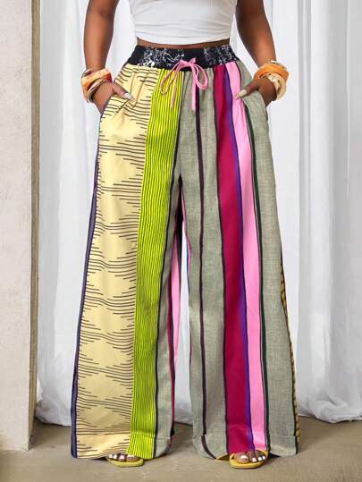 BamGleam 2025 Summer New Style With Pockets, Color Blocked Loose Oversized Pants Legs, Retro Printed Design, Creative Casual Wide Leg Pants Fall Cloth For Women