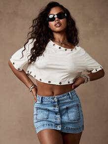 MISSGUIDED Minifalda vaquera con botones y bolsillos con parche, moda de verano para festivales con efecto desgastado, fondo vaquero informal