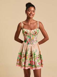 Travachic 女式花卉印花前系带细肩带浪漫度假连衣裙，女士度假装，女士度假装，海滩度假装，女士夏季装，女士夏季连衣裙，女士连衣裙，夏季连衣裙