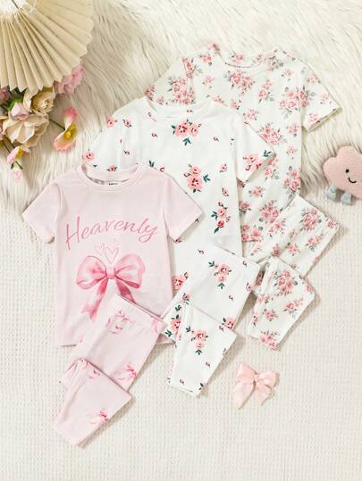 SHEIN Leap Crew 女婴6件套甜美简约蝴蝶结印花圆领短袖上衣和裤子休闲柔软护肤家居服睡衣套装
