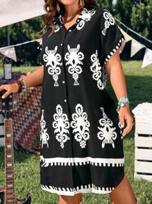 EMERY ROSE Plus Size Raglan Sleeve Casual Open Front Collar Curved Hem Ladies Dress With Pockets, Unique Linen Blend Music Festival Boho Print, Suitable For Spring/Summer Country Music Music Festival Bohemian Vacation Dresses Casual - Black and White - View 5