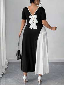 SHEIN CURVE+ Plus Size Contrast Color Pleated Design Butterfly Decor Back Top Women Casual Dress Women Dresses Birthday Women Birthday Outfit Women Plus Black Dress Women S Clothes Women Dresses Elegant Gown