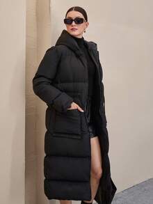 EURMUSE Casual Style, Keep Warm Feature Waterproof Long Line Patch Pocket Detailed Maxi Oversized Padded Coat Long Puffer Coat Women Long Hooded Coat Long Winter Coat Women Womens Long Coat Long Winter Jacket Women Womens Winter Coats - Black - View 7