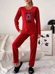 EURMUSE 100%Cotton Embroidery Cartoon & Letter Pattern Lounge Set - Red - View 4