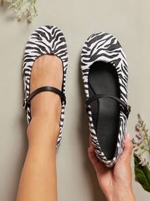 SHUZIA Bailarinas cómodas de punta redonda con estampado de cebra de PU, elegantes y casuales, para mujer