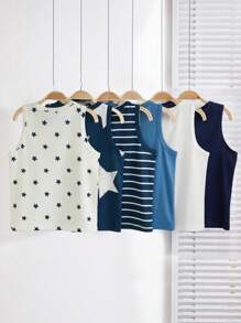 6件套男童基础款星条印花棉质汗衫，简约纯色，穿着舒适。简约设计，易于搭配，针织面料弹力透气，可机洗，穿着舒适，易于护理（6件套出售）