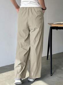 FRIFUL Women's Solid Color Drawstring Waist Pockets Wide Leg Casual Pants, Versatile - Apricot - View 3