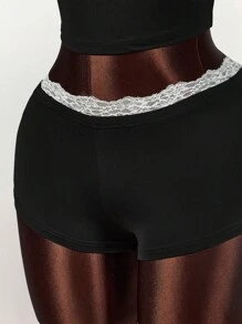 Amplova 2 Stücke/Set Farbblock Spitzen-Patchwork-Top mit Schleifendekor und Mini-Shorts mit Bundfalte - Schwarz - Übersicht 7