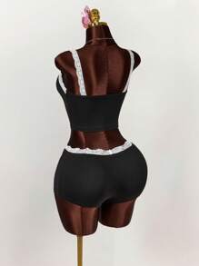 Amplova 2 Stücke/Set Farbblock Spitzen-Patchwork-Top mit Schleifendekor und Mini-Shorts mit Bundfalte - Schwarz - Übersicht 8