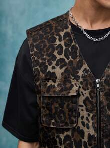 ROMWE MEN Street Life Leopard Print Zip Front Denim Waistcoat For Men - Bronze - View 2