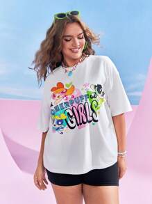 THE POWERPUFF GIRLS X SHEIN Plus Size Women Casual Blossom, Bubbles, Buttercup Pattern Loose Batwing T-Shirt, Summer - White - View 4