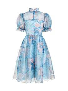 Ellevyn 女式高领荷叶边灯笼袖蓝色欧根纱泡泡裙，优雅日常穿着浪漫时尚修身春夏连衣裙 - 彩色 - 查看 3