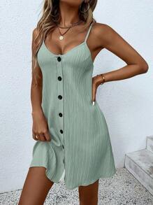 SHEIN PETITE 1pc Women Standard Size Solid Color Sleeveless Dress ,Petite Women - Green - View 3