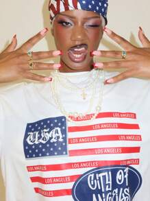 SUMWON WOMEN Los Angeles City Flag Inspired Oversized Graphic Tshirt American Theme USA 4th Of July Patriotic Summer Relaxed Fit Street Style Casual Wear - White - View 3