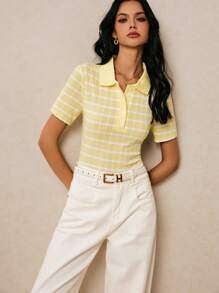 Poéselle 女式夏季条纹短袖 Polo 领休闲 T 恤 - 黃色 - 查看 7