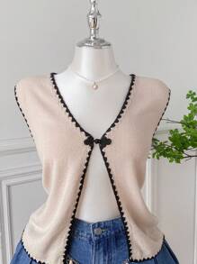 SHEIN EZwear Plus Size Women's Button Design Floral Trim Casual Sweater Knit Vest,Holiday,Summer,Going Out Tops - Khaki - View 4