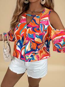 Travachic Plus Size Open Shoulder Allover Print Keyhole Neck Blouse, Summer Vacation - Multicolor - View 1
