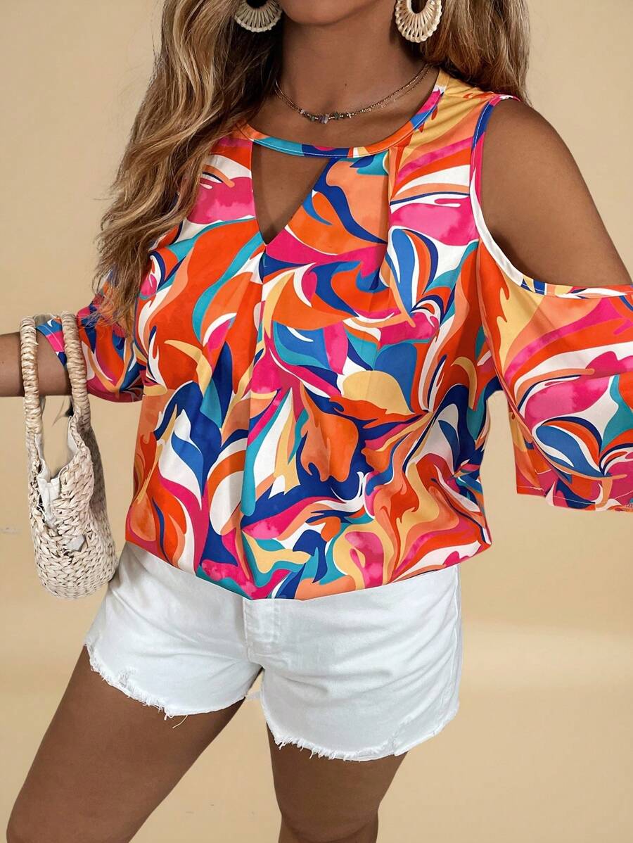 Travachic Plus Size Open Shoulder Allover Print Keyhole Neck Blouse, Summer Vacation - Multicolor - View 1