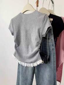 New Lace Trim Short Sleeve Casual Fitted Waist Women T-Shirt Top In Summer