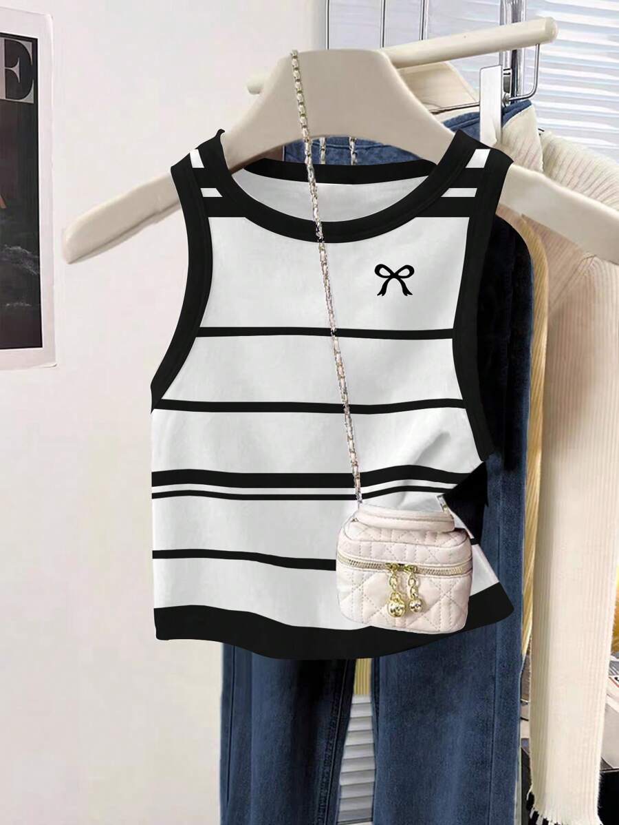 INAWLY Áo ba lỗ cổ tròn in họa tiết sọc và nơ, mùa hè - Nhiều màu - Xem 1