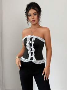 Selianne Elegant Lace Trim Bandeau Top For Women - Black - View 6
