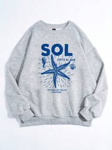 SHEIN EZwear 休闲简约海洋风格海星字母印花圆领宽松卫衣，适合春假、女生旅行、海滩 - 淺灰色 - 查看 3