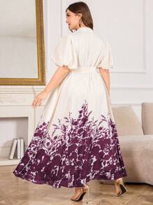 Modelyn 大码女式优雅印花收腰喇叭裙 - 酒紅色 - 查看 2