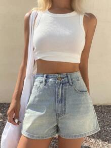 DAZY 女士宽松休闲破洞牛仔短裤 - 藍色 - 查看 4