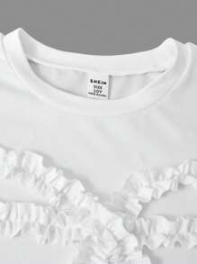 SHEIN Explorewe Spring/Summer Tween Girls 2pcs ME Set: Cute Ruffle Bow Decor Round Neck Short T-Shirt + Contrast Stripe Wide Leg Pants, Casual Design For Daily, Hangout, Holiday For Girl Outfit For Girl