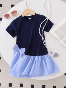 Genkimix Kids Young Young Girl Blue Comfy Round Neck Short Sleeve Patchwork Cute Casual Academy Style Bowknot Decor Dress