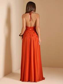 SHEIN BAE 夏季女装露背亮片刺绣拼接网眼宽松下摆性感高开衩女士长裙/海岛度假装/蜜月装女士//女士夏季装/女士沙滩装/女士派对礼服/女士橙色连衣裙派对礼服，波西米亚风服饰 - 橘色 - 查看 3