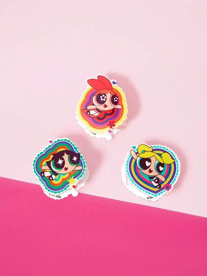 THE POWERPUFF GIRLS X SHEIN Set de 3 pinzas plásticas de colores adorables con diseños de flor, burbujas y ranúnculo