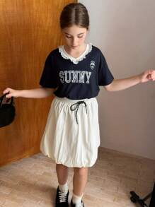 DAZY 青少年女孩夏季字母印花 V 领短袖 T 恤和迷你裙休闲两件套 - 藏蓝色 - 查看 5