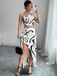 Chiquease Striped One Shoulder Top And Split Hem Skirt Set - Multicolor - View 1