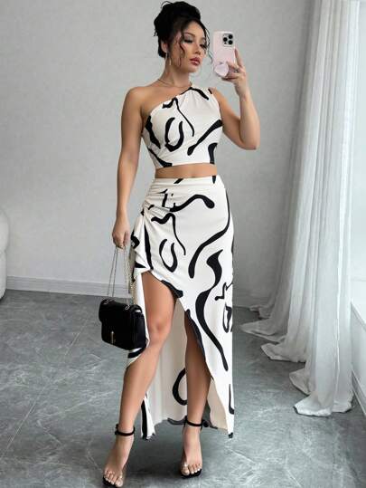 Chiquease Conjunto de top de rayas con un solo hombro y falda con dobladillo dividido