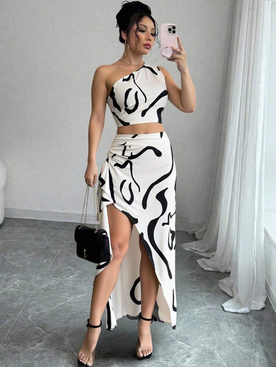 Chiquease Striped One Shoulder Top And Split Hem Skirt Set - Multicolor - View 1