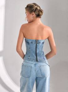 CLARA VERO Women Elegant Asymmetrical Hem Tube Denim Top - Medium Wash - View 2