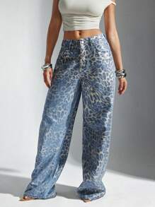 Denimoi Leopard Foil Print Low Rise Baggy Jeans - Multicolor - View 4