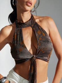 Denimoi 露背 O 形环五金细节前开后开吊带上衣性感风格外出俱乐部演唱会女生夜总会节日夏季 - 棕色 - 查看 5