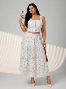 SHEIN ICON Plus Size Square Neck Button Front Ditsy Floral Vest Top And Flared Hem Floral Skirt 2 Pieces Set, Summer - Multicolor - View 4
