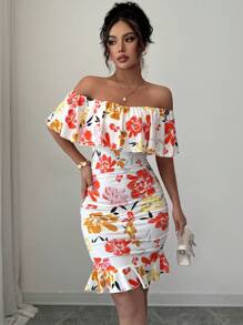 Selianne Tropical Print Off Shoulder Ruffle Trim Ruched Bodycon Dress Vacation Beach Outfits Women - Multicolor - View 5