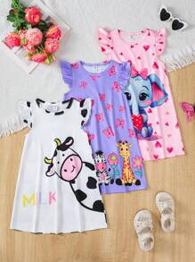 3 件套女童卡通动物印花无袖圆领休闲时尚针织连衣裙，适合夏季