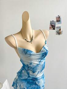 Soleia 女式度假彩色复古花卉印花垂坠领口层叠荷叶边吊带长裙