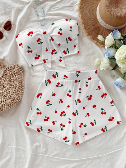 Soleia 2 peças/Conjunto Top Cropped e Shorts Conjunto Casual Estampa de Cereja para Mulheres, Adequado para Roupa de Cereja de Verão, Conjunto Fofo de Duas Peças Feminino, Conjuntos de Duas Peças de Verão