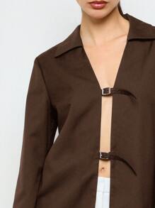 AiiRZ 优雅缎面衬衫长袖前扣领办公室工作专业秋春时尚个性单品商务休闲晚装 - 巧克力棕 - 查看 5