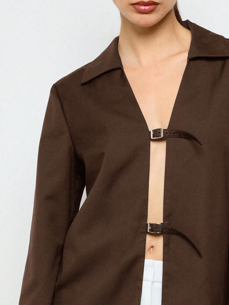 Elegant Satin Long Sleeve Buckle Front Collared Blouse